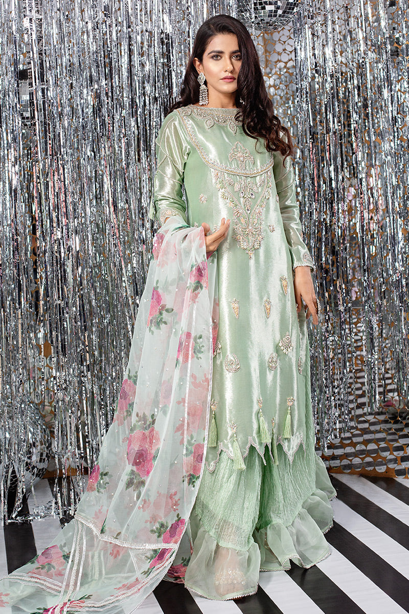 Mint Green Embellished Tissue Salwar Kameez (3-Piece) - Image 1