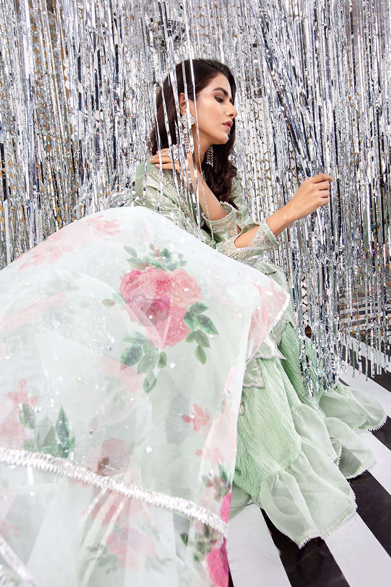 Mint Green Embellished Tissue Salwar Kameez (3-Piece) - Image 6