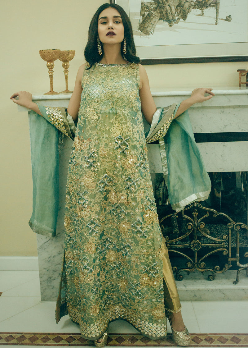 Mint Gold Embroidered Tissue Salwar Kameez (3-Piece) - Image 1