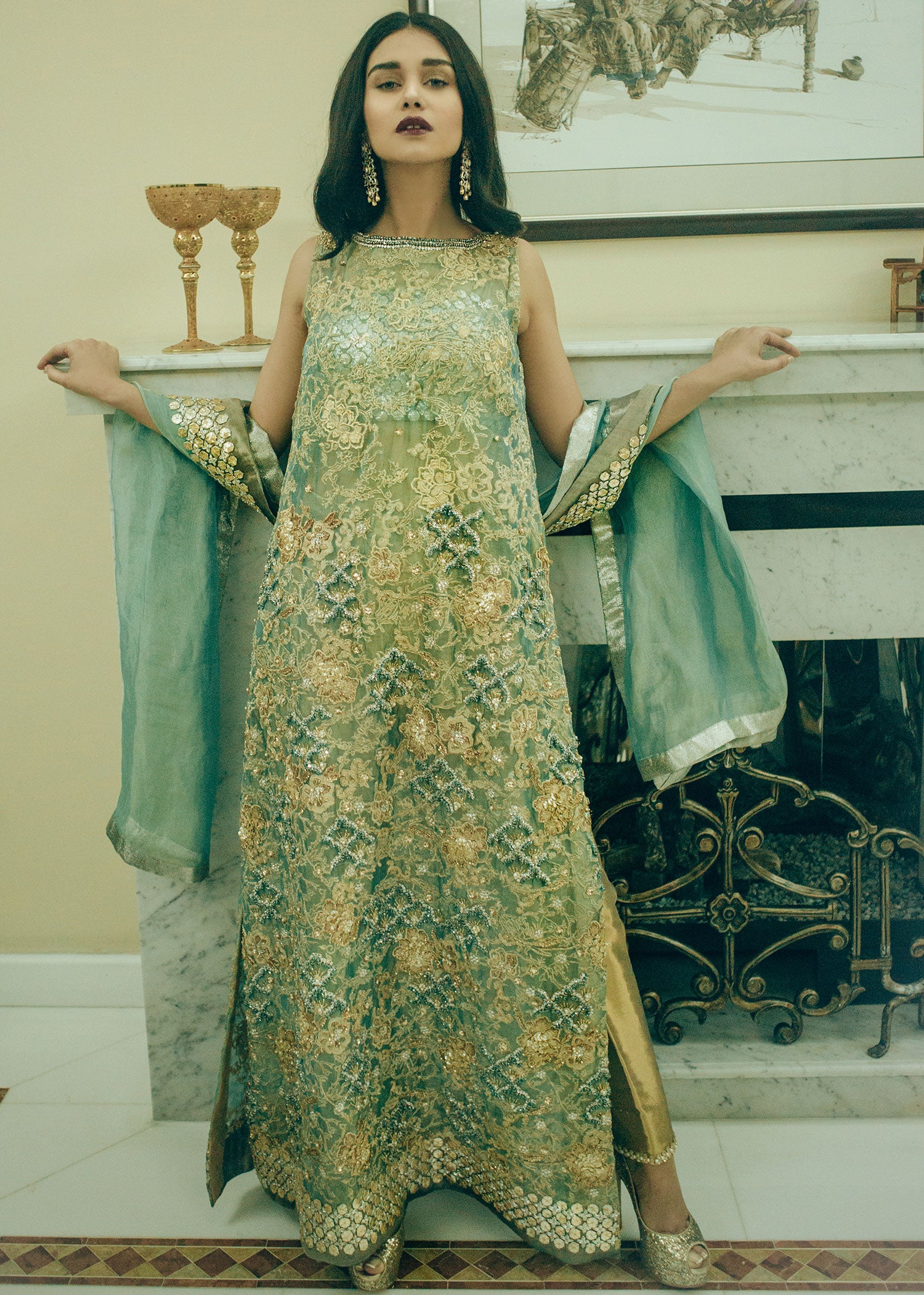 Mint Gold Embroidered Tissue Salwar Kameez (3-Piece) - Image 2