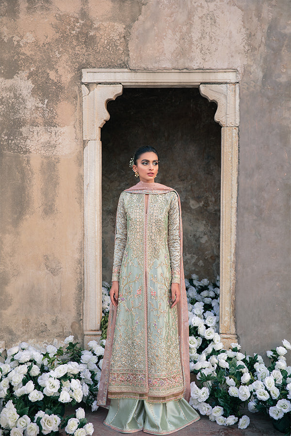Pakistani Mint Green Hand-Embellished Tissue Salwar Kameez (3-Piece) - Image 1