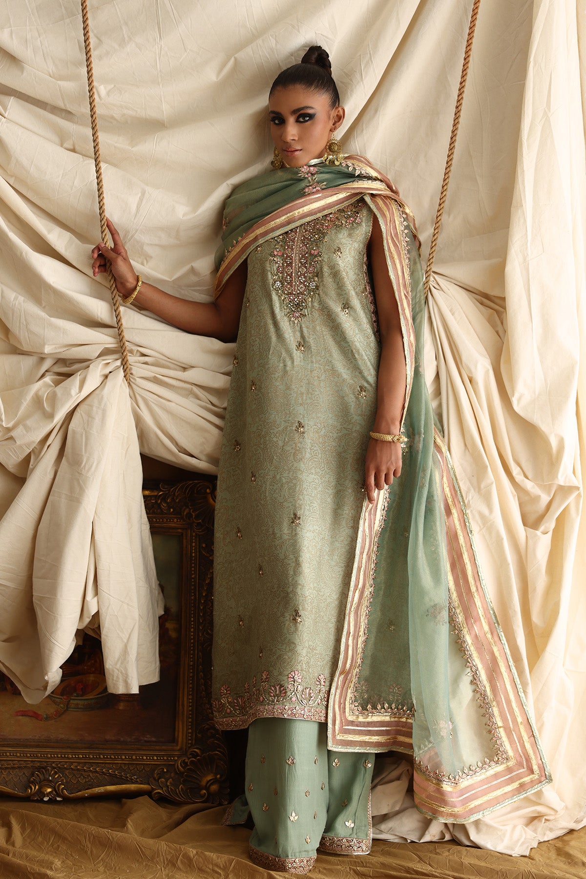 Pakistani Mint Green Embroidered Tissue Net Salwar Kameez (3-Piece) - Image 1