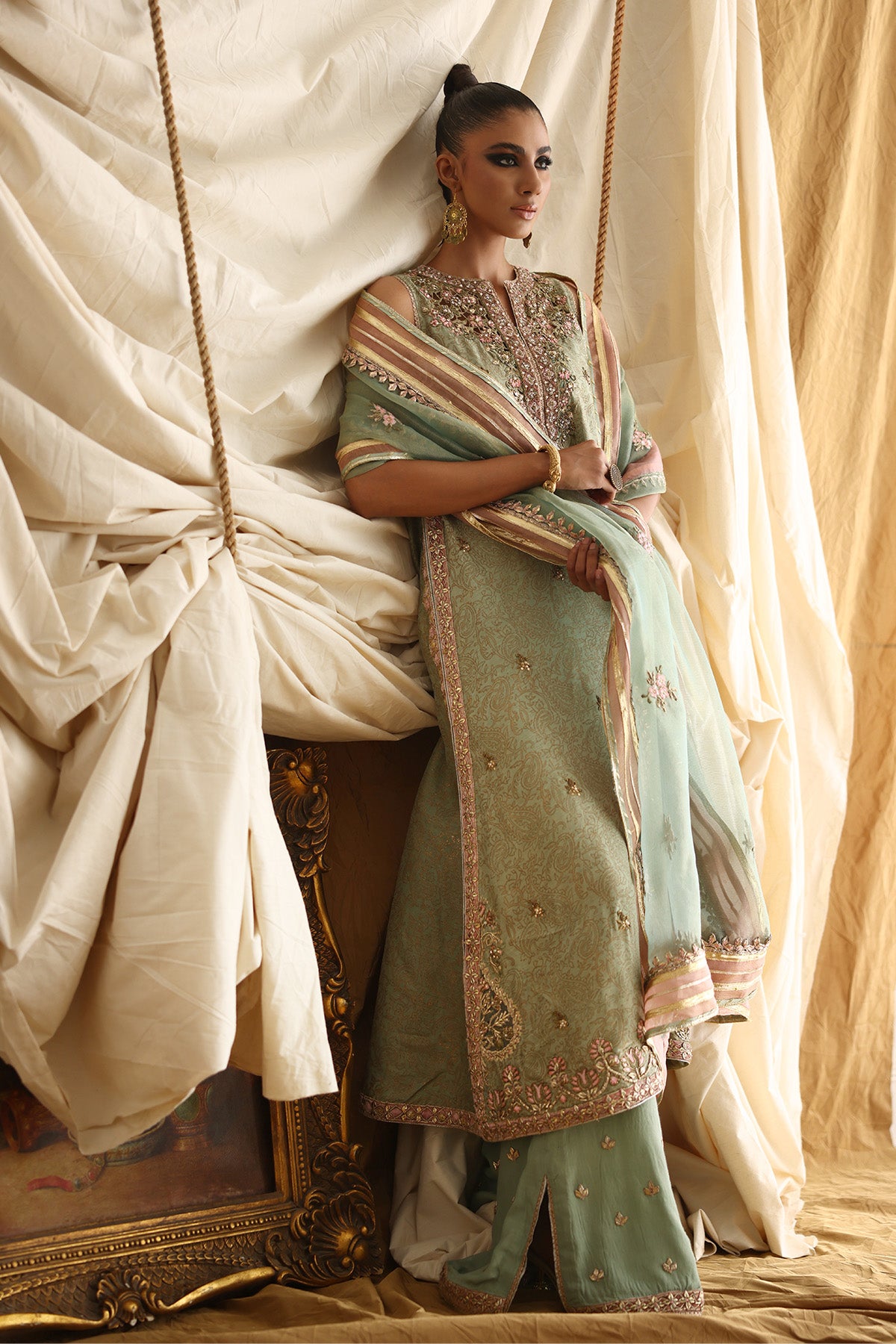 Pakistani Mint Green Embroidered Tissue Net Salwar Kameez (3-Piece) - Image 2