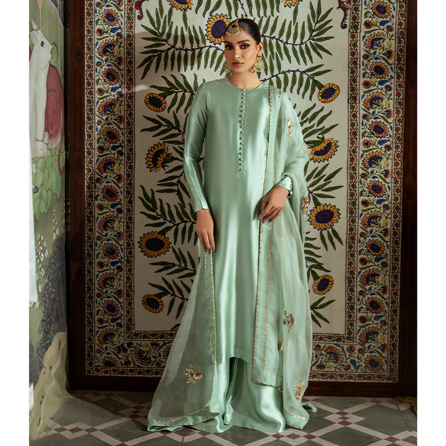 Pakistani Duck Egg Green Sequin Tissue Silk Salwar Kameez (3-Piece) - Image 1