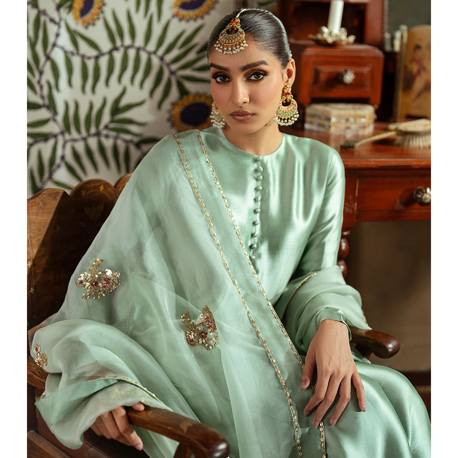 Pakistani Duck Egg Green Sequin Tissue Silk Salwar Kameez (3-Piece) - Image 2