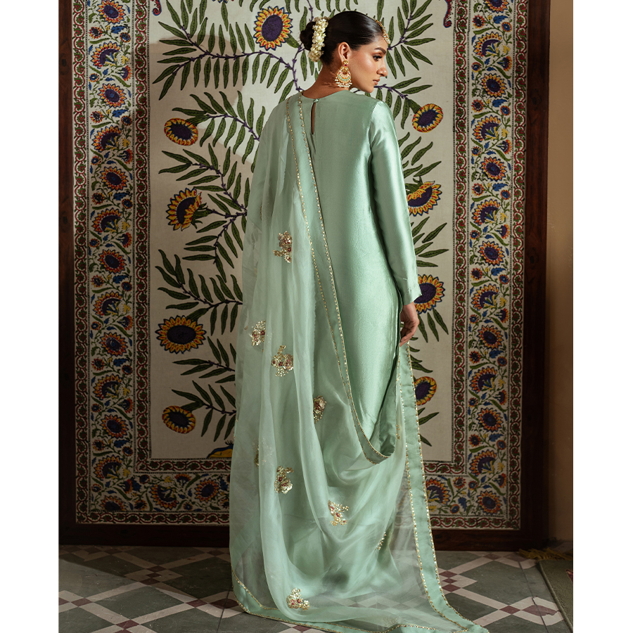 Pakistani Duck Egg Green Sequin Tissue Silk Salwar Kameez (3-Piece) - Image 3