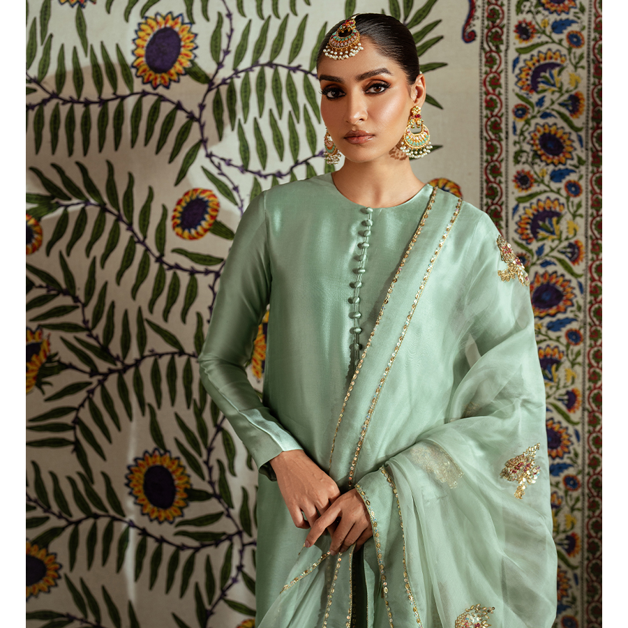 Pakistani Duck Egg Green Sequin Tissue Silk Salwar Kameez (3-Piece) - Image 4
