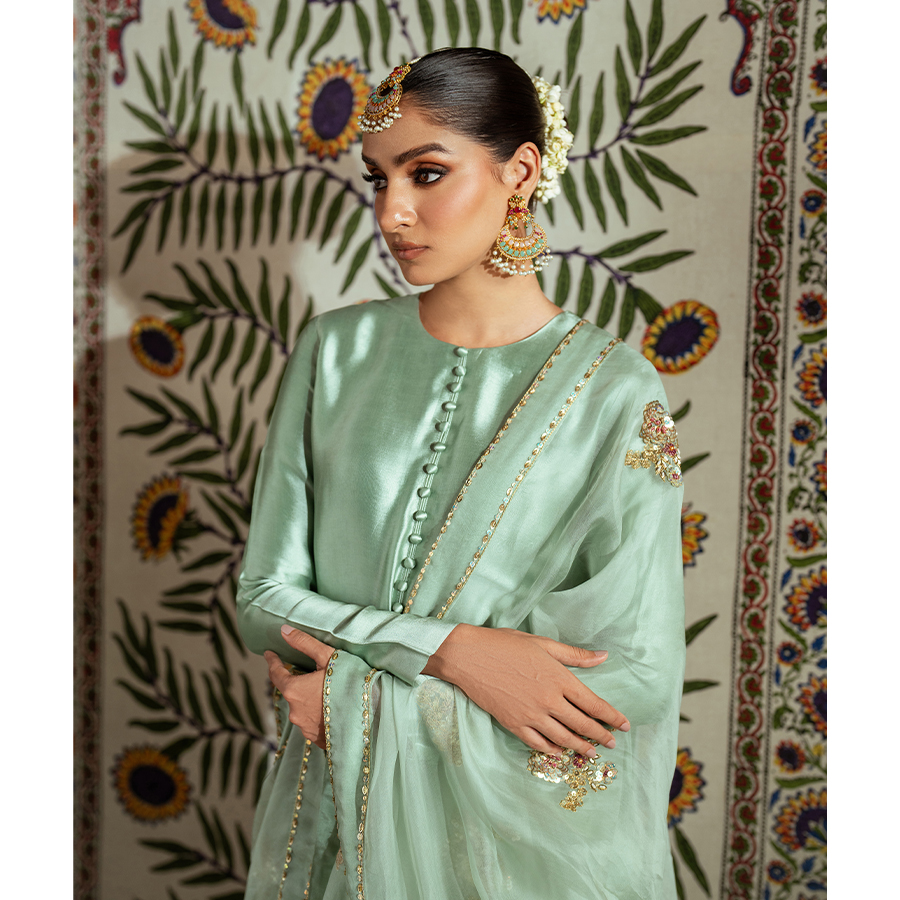 Pakistani Duck Egg Green Sequin Tissue Silk Salwar Kameez (3-Piece) - Image 5