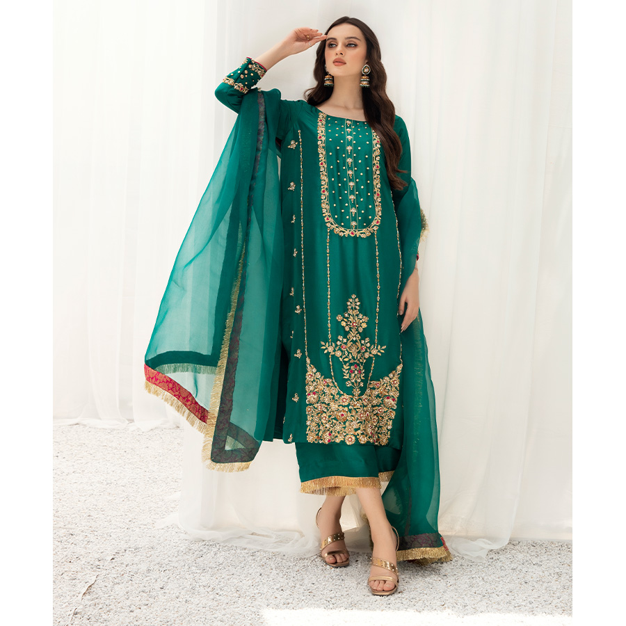 Emerald Green Zardozi Kundan Tissue Silk Salwar Kameez (3-Piece) - Image 2