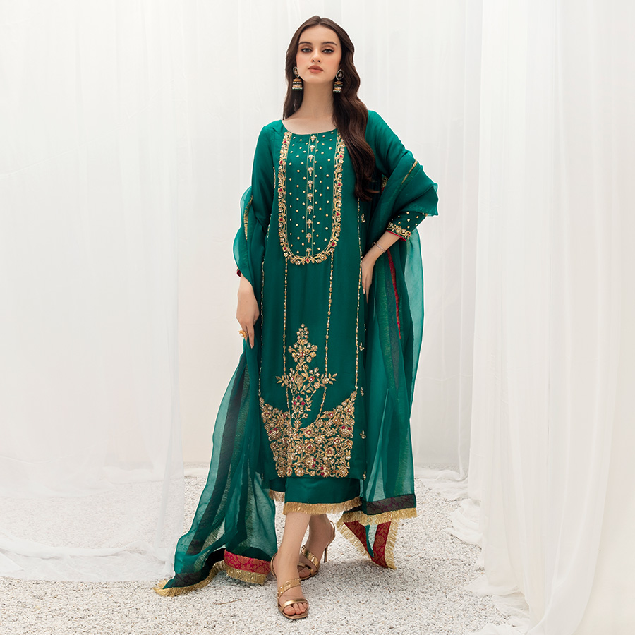 Emerald Green Zardozi Kundan Tissue Silk Salwar Kameez (3-Piece) - Image 3
