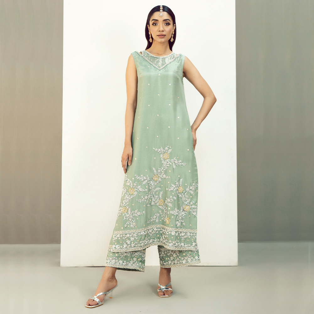 Pakistani Pastel Green Zardozi Tissue Silk Salwar Kameez (3-Piece) - Image 1