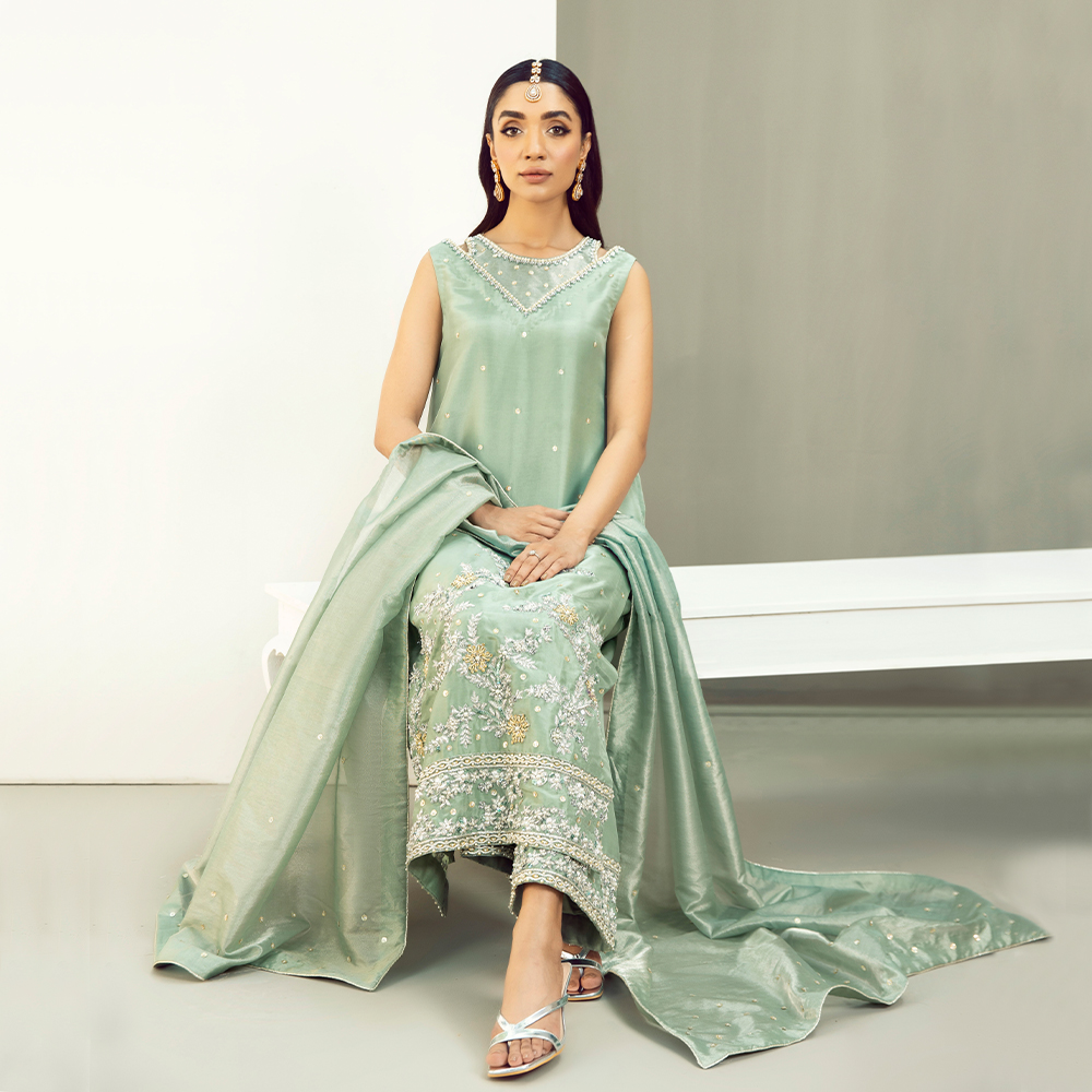 Pakistani Pastel Green Zardozi Tissue Silk Salwar Kameez (3-Piece) - Image 3