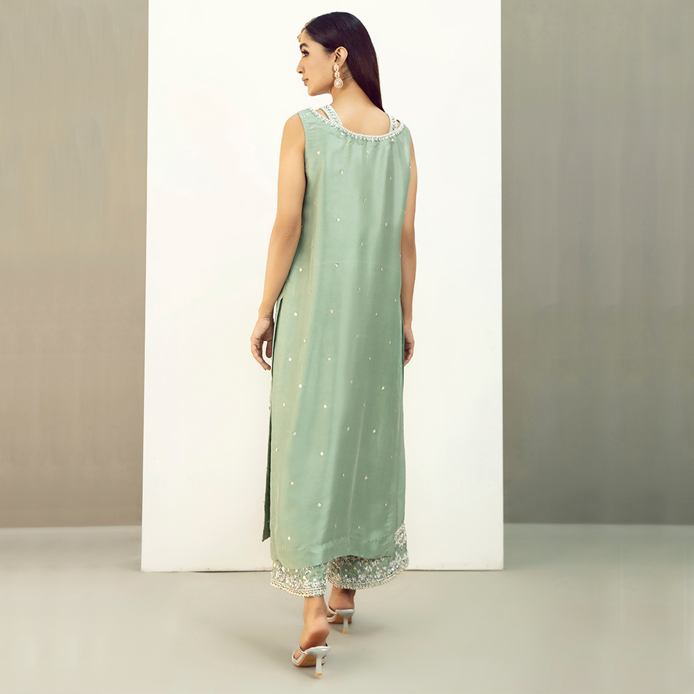 Pakistani Pastel Green Zardozi Tissue Silk Salwar Kameez (3-Piece) - Image 4
