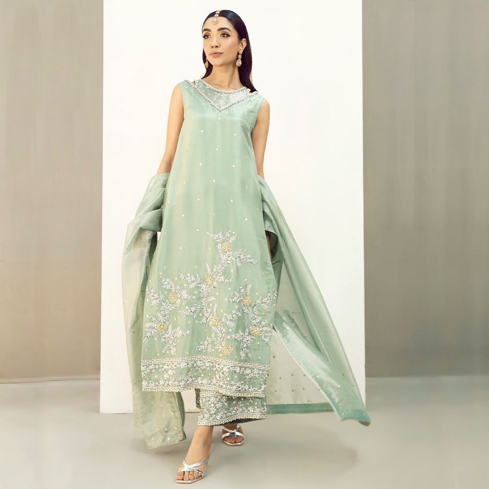 Pakistani Pastel Green Zardozi Tissue Silk Salwar Kameez (3-Piece) - Image 6