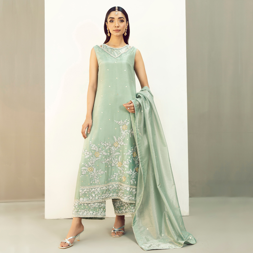 Pakistani Pastel Green Zardozi Tissue Silk Salwar Kameez (3-Piece) - Image 7