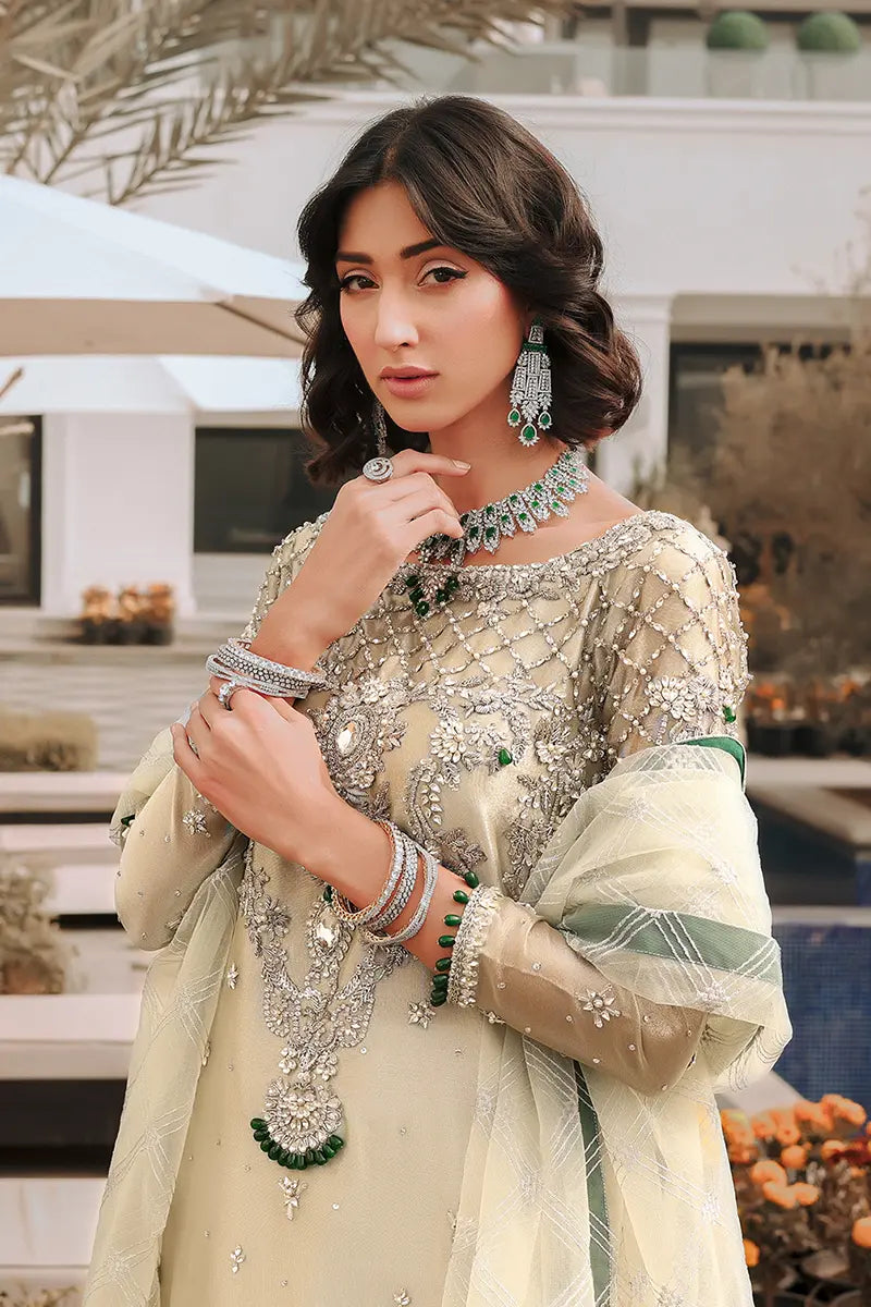 Pakistani Pastel Green Zardozi Tissue Salwar Kameez (3-Piece) - Image 2