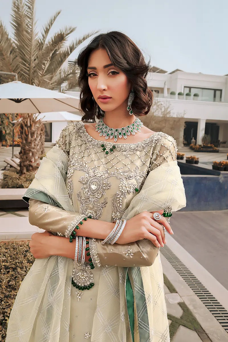 Pakistani Pastel Green Zardozi Tissue Salwar Kameez (3-Piece) - Image 3