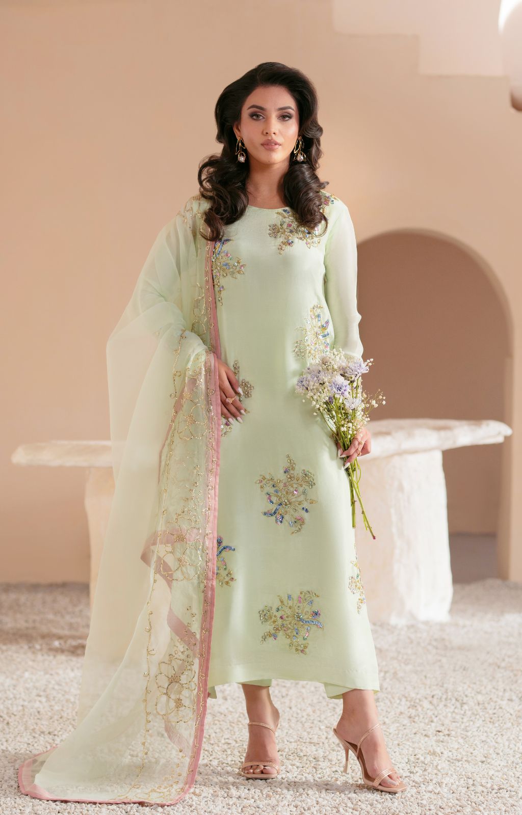 Pakistani Mint Green Embellished Tussle Silk Salwar Kameez (3-Piece) - Image 1