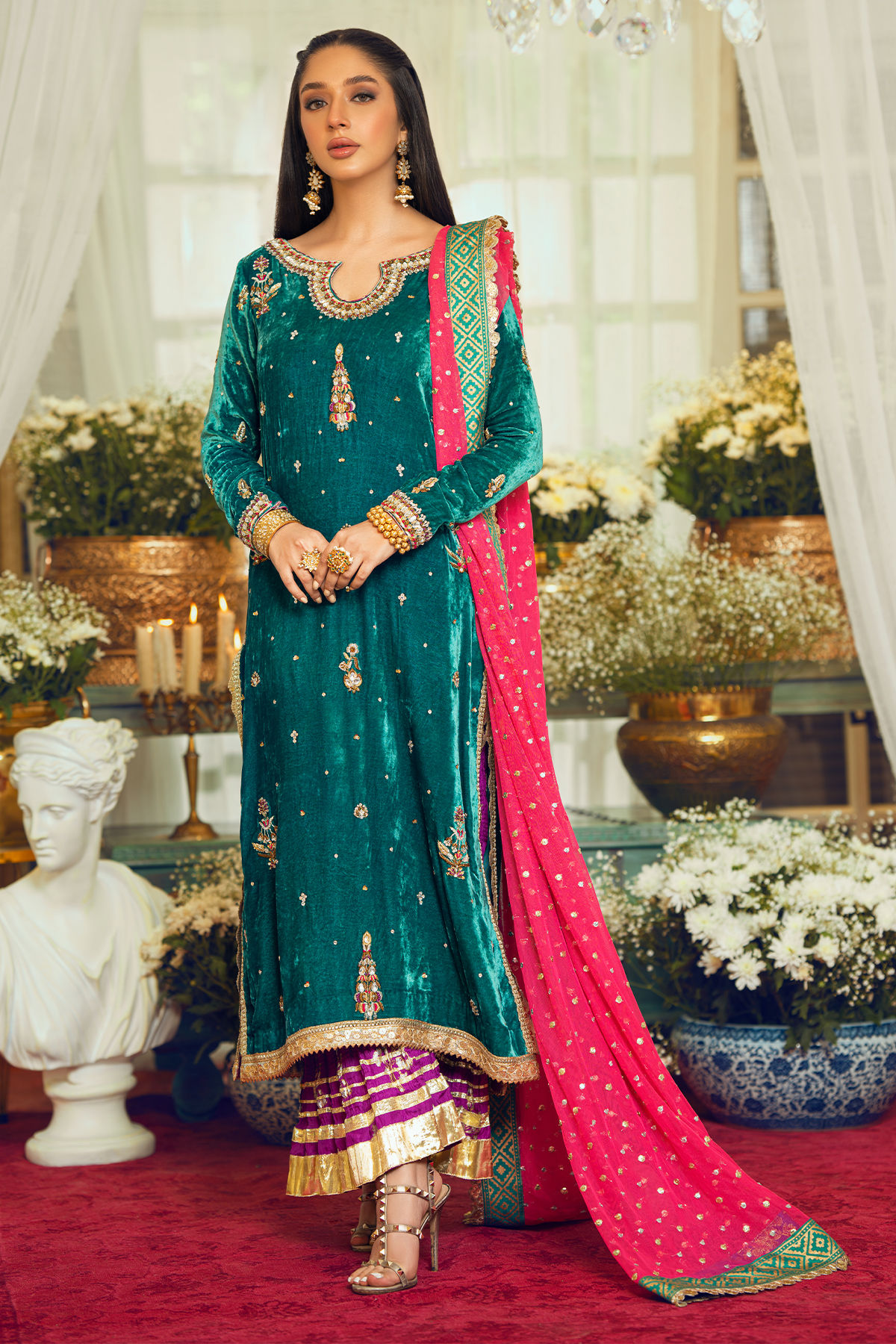 Deep Sea Green Embroidered Velvet Salwar Kameez (3-Piece) - Image 1