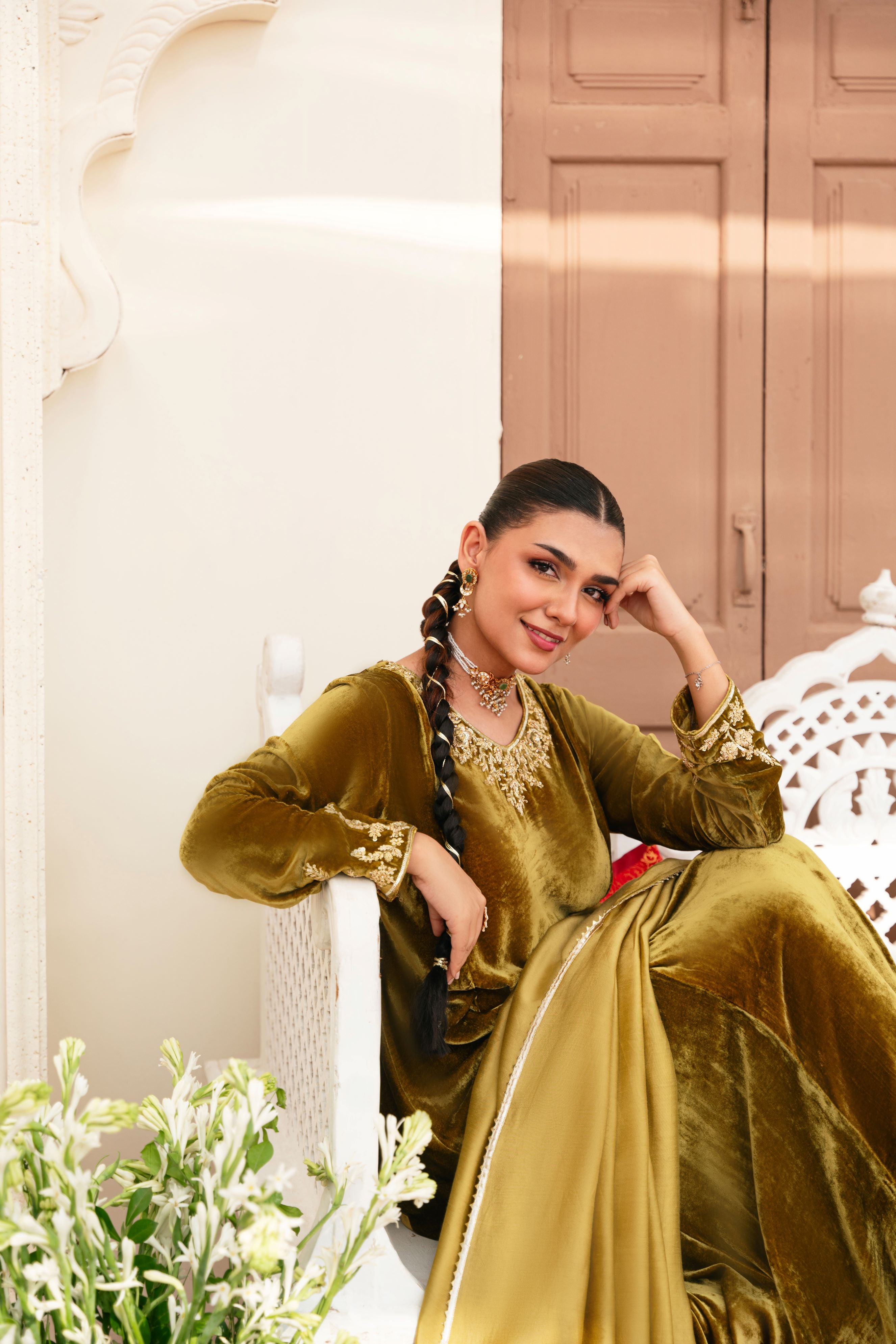 Pakistani Olive Hand-Embellished Velvet Kameez (3-Piece) - Image 2