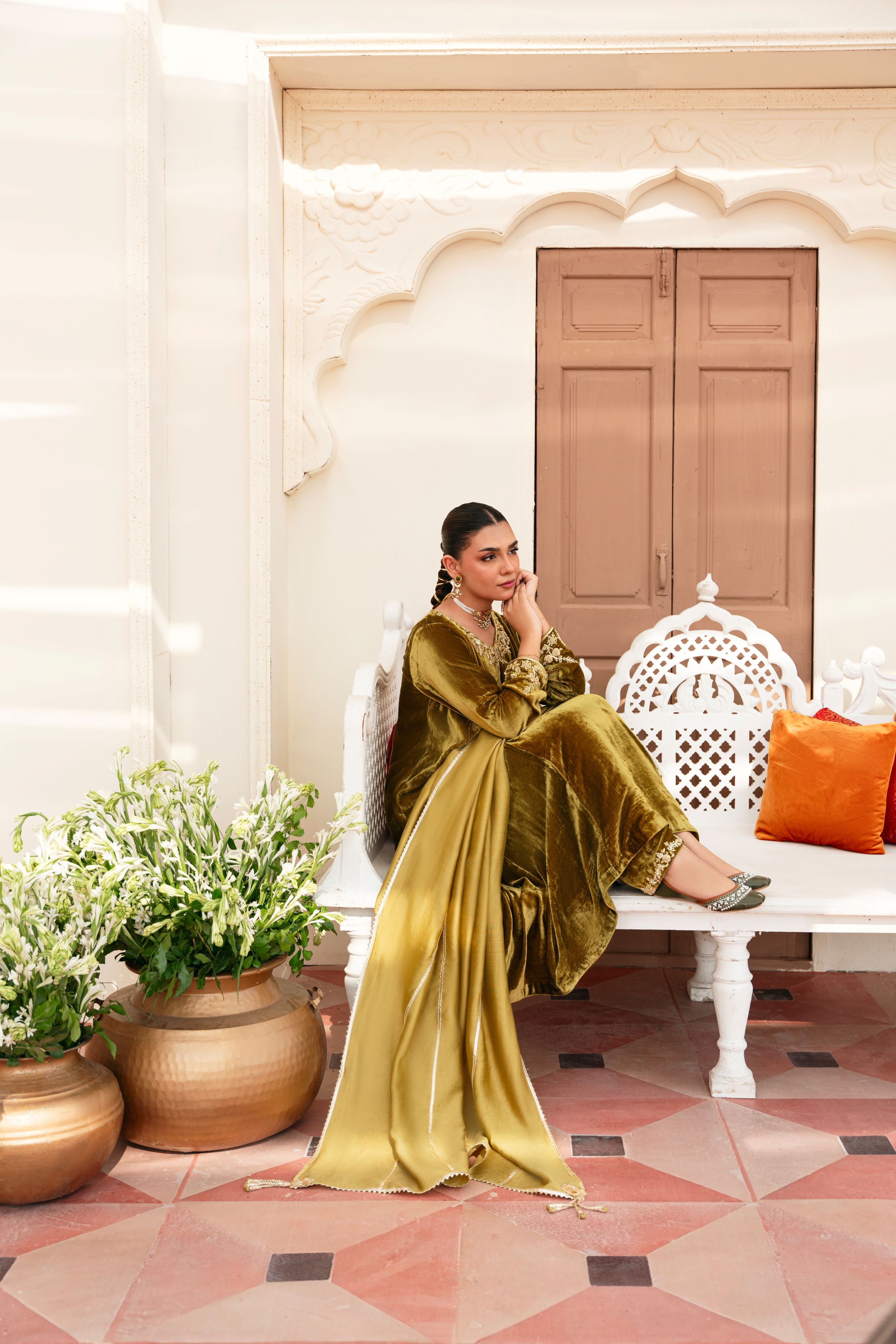 Pakistani Olive Hand-Embellished Velvet Kameez (3-Piece) - Image 3