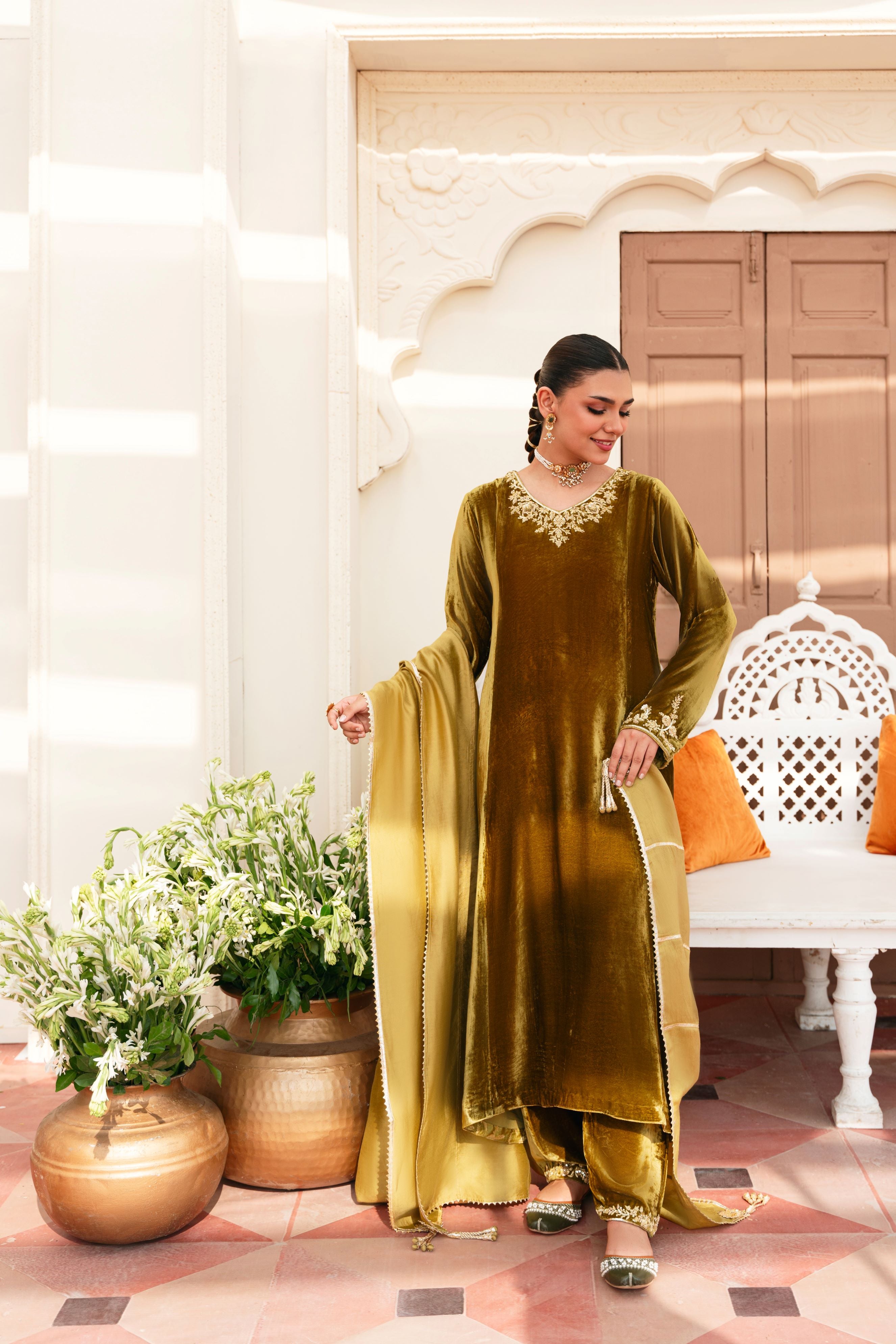 Pakistani Olive Hand-Embellished Velvet Kameez (3-Piece) - Image 4