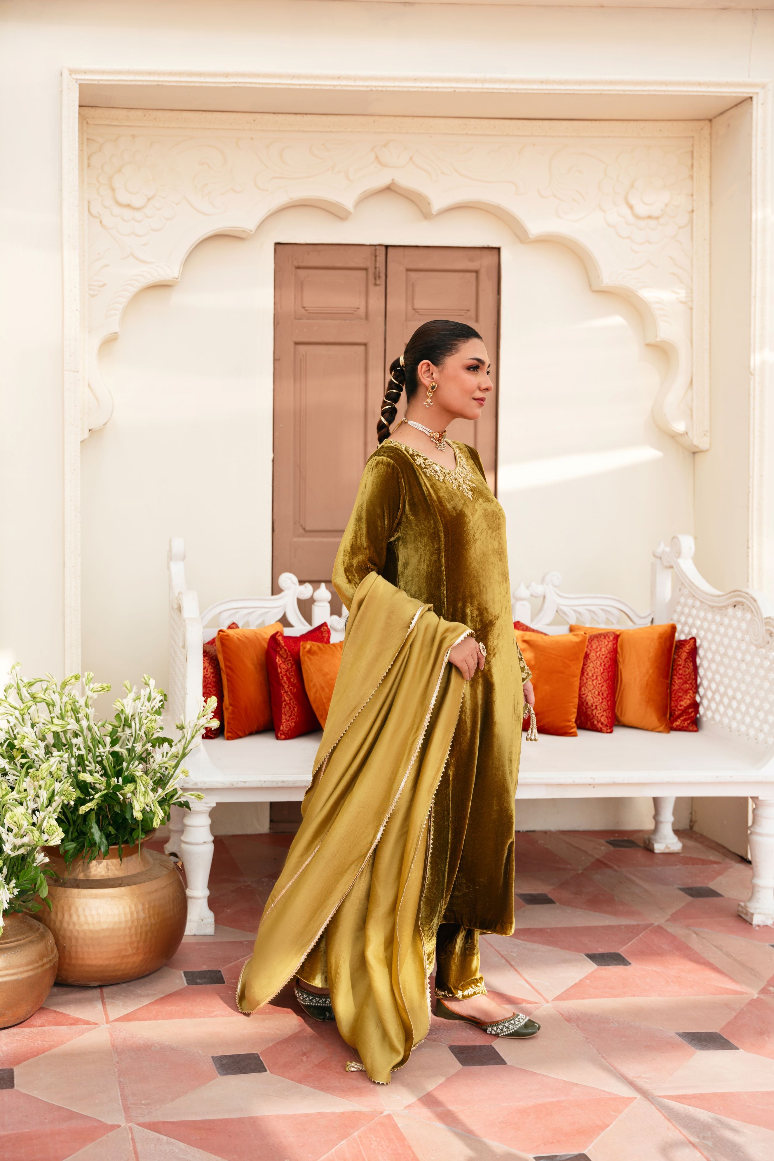 Pakistani Olive Hand-Embellished Velvet Kameez (3-Piece) - Image 5