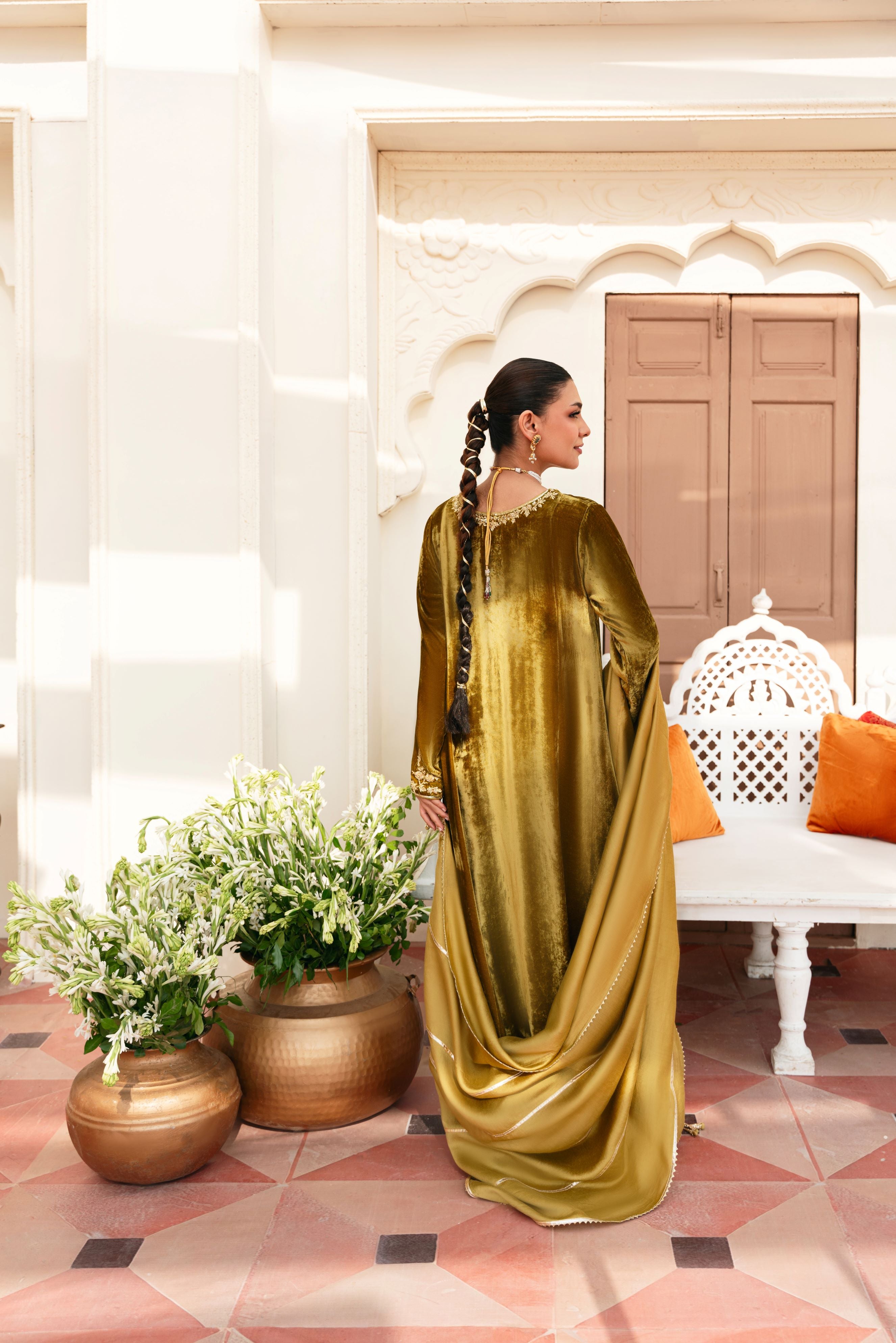 Pakistani Olive Hand-Embellished Velvet Kameez (3-Piece) - Image 6