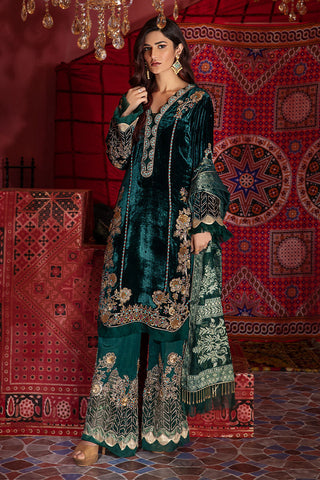 Deep Green Embroidered Silk & Velvet Kurta Set (3-Piece) - Image 5