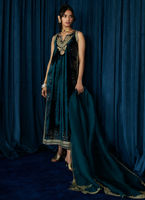 Pakistani Emerald Embroidered Velvet Long Shirt (3-Piece) - Image 3