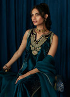 Pakistani Emerald Embroidered Velvet Long Shirt (3-Piece) - Image 4