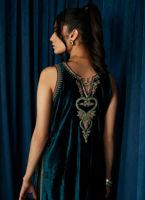 Pakistani Emerald Embroidered Velvet Long Shirt (3-Piece) - Image 6
