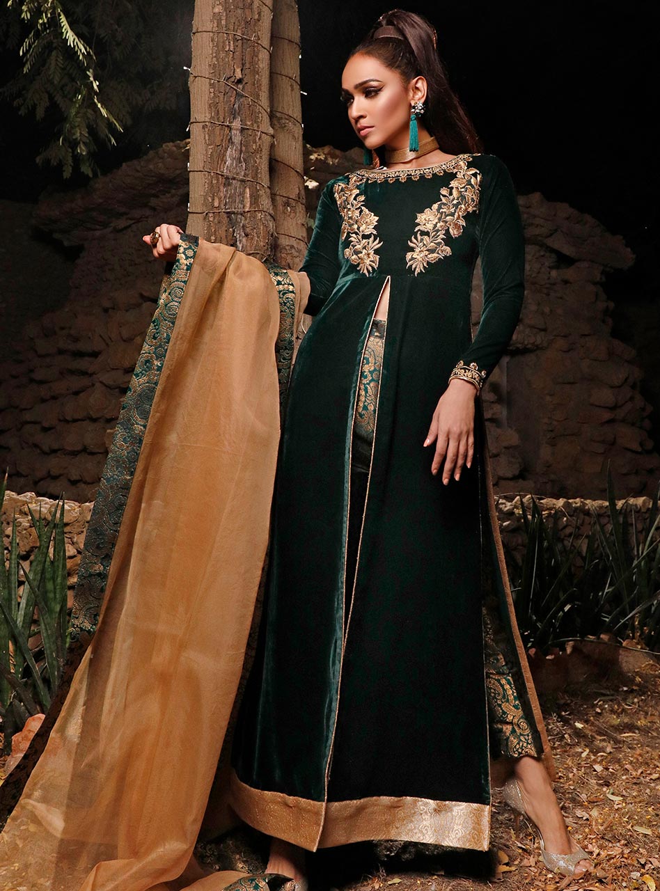 Pakistani Dark Moss Embroidered Velvet Salwar Kameez (3-Piece) - Image 1