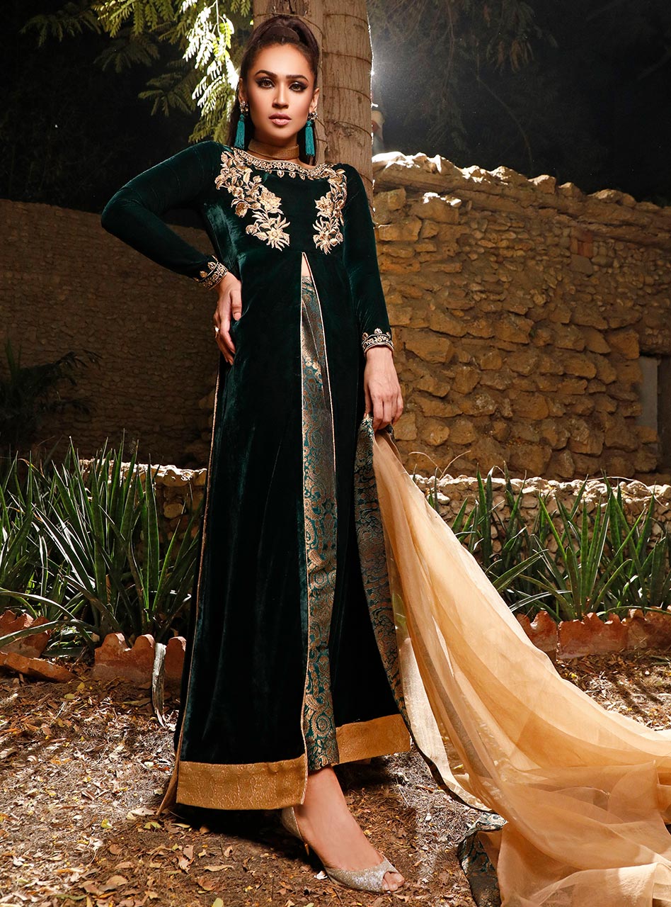 Pakistani Dark Moss Embroidered Velvet Salwar Kameez (3-Piece) - Image 2
