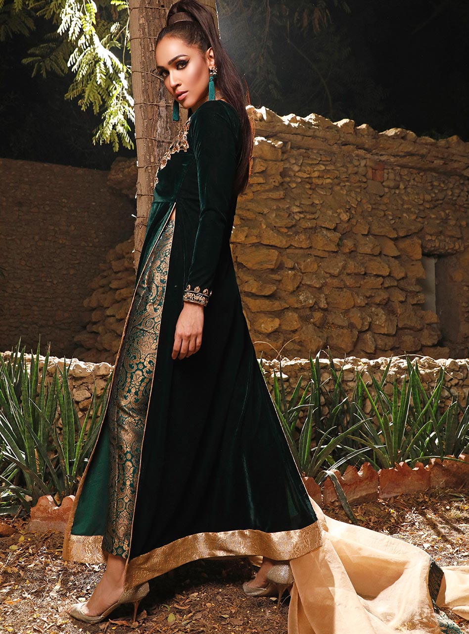 Pakistani Dark Moss Embroidered Velvet Salwar Kameez (3-Piece) - Image 3