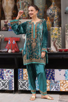Greenish Blue Embellished Velvet Salwar Kameez (2-Piece) - Image 2