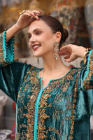 Greenish Blue Embellished Velvet Salwar Kameez (2-Piece) - Image 5