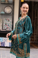 Greenish Blue Embellished Velvet Salwar Kameez (2-Piece) - Image 6