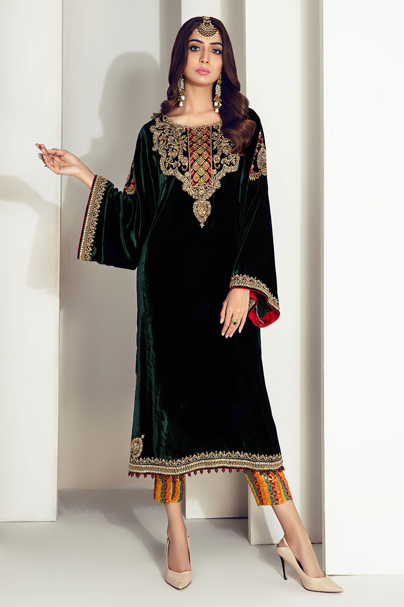 Deep Green Embroidered Velvet Salwar Kameez (3-Piece) - Image 1