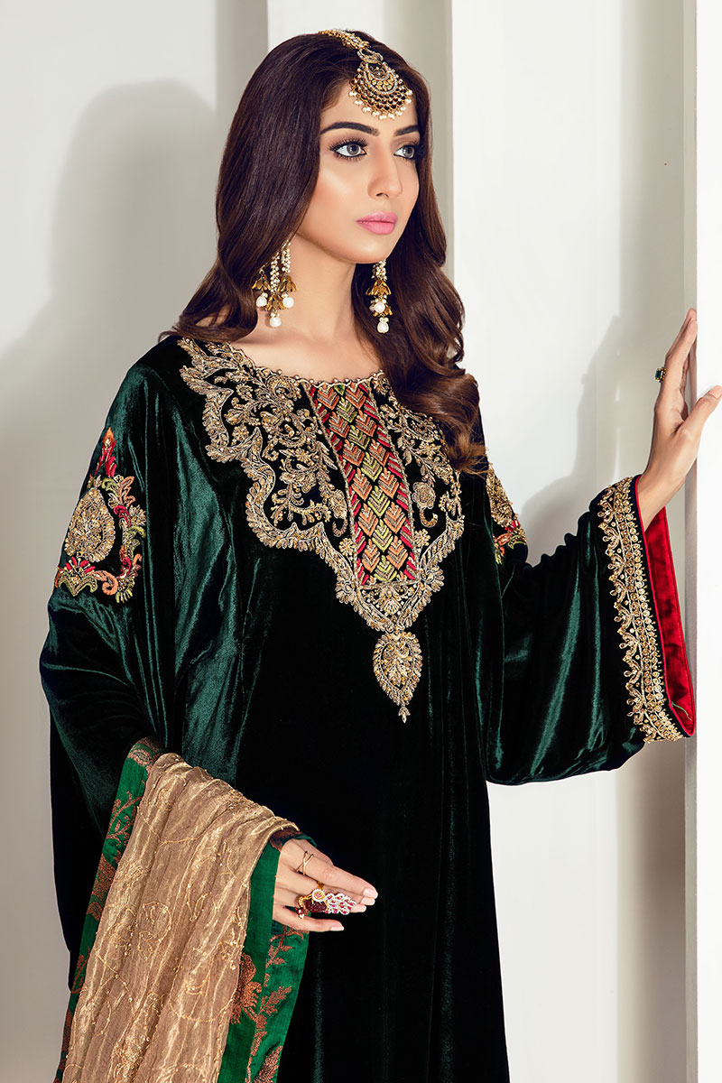 Deep Green Embroidered Velvet Salwar Kameez (3-Piece) - Image 2