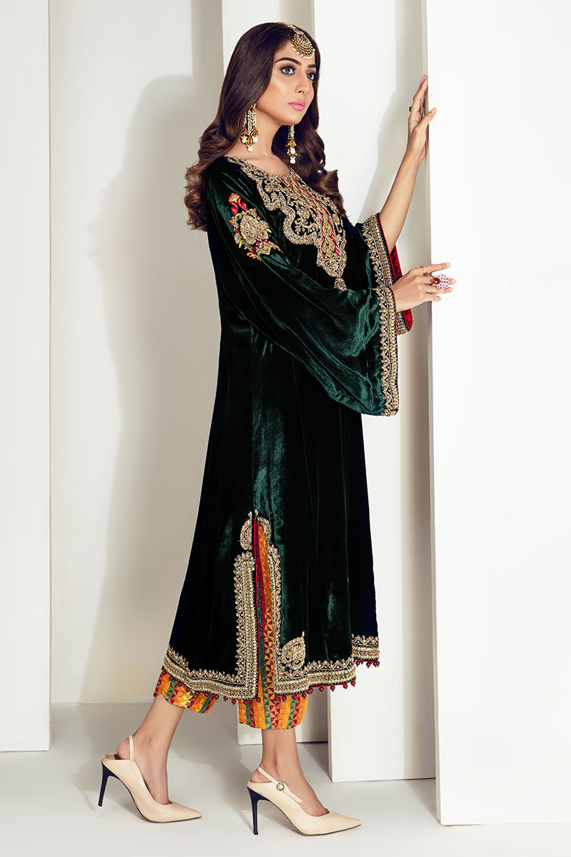 Deep Green Embroidered Velvet Salwar Kameez (3-Piece) - Image 3