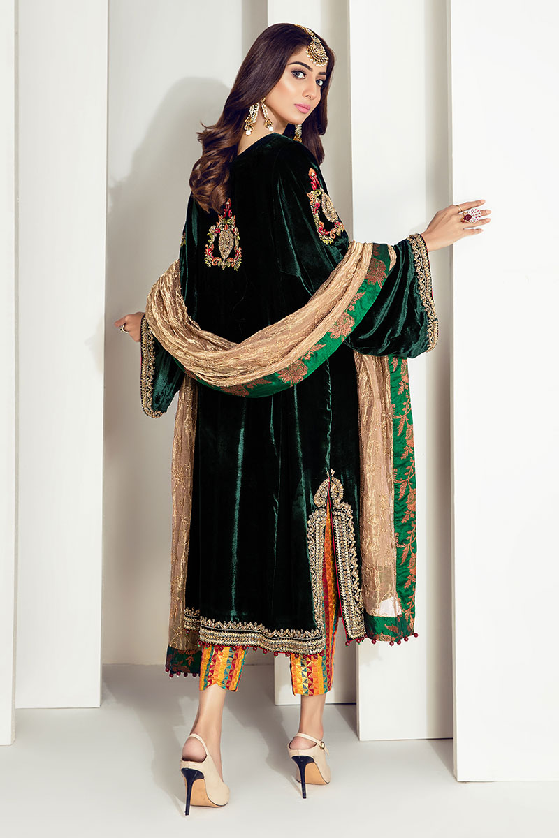 Deep Green Embroidered Velvet Salwar Kameez (3-Piece) - Image 4