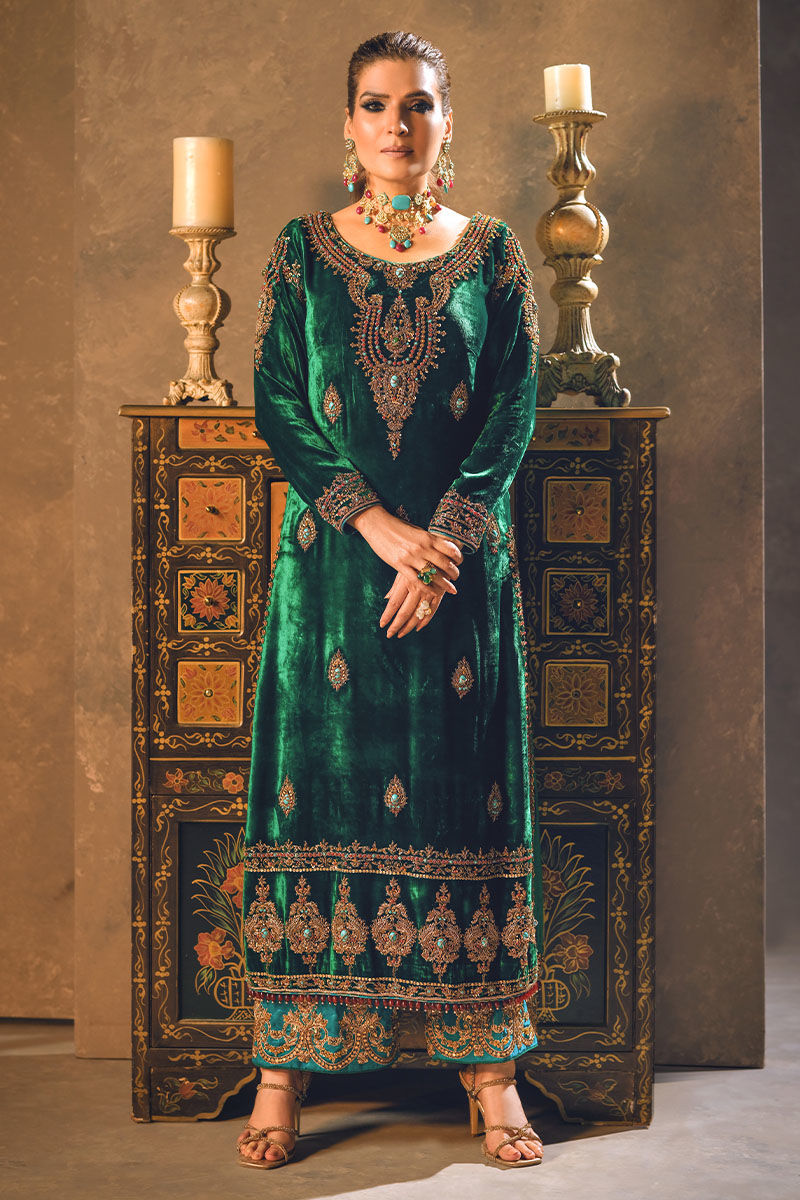 Alhambra Green Embroidered Velvet Salwar Kameez (3-Piece) - Image 1