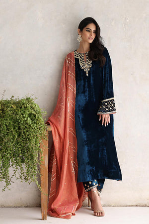 Teal Gota Embroidered Pure Velvet Salwar Kameez (3-Piece) - Image 3