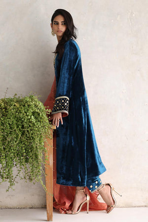 Teal Gota Embroidered Pure Velvet Salwar Kameez (3-Piece) - Image 5