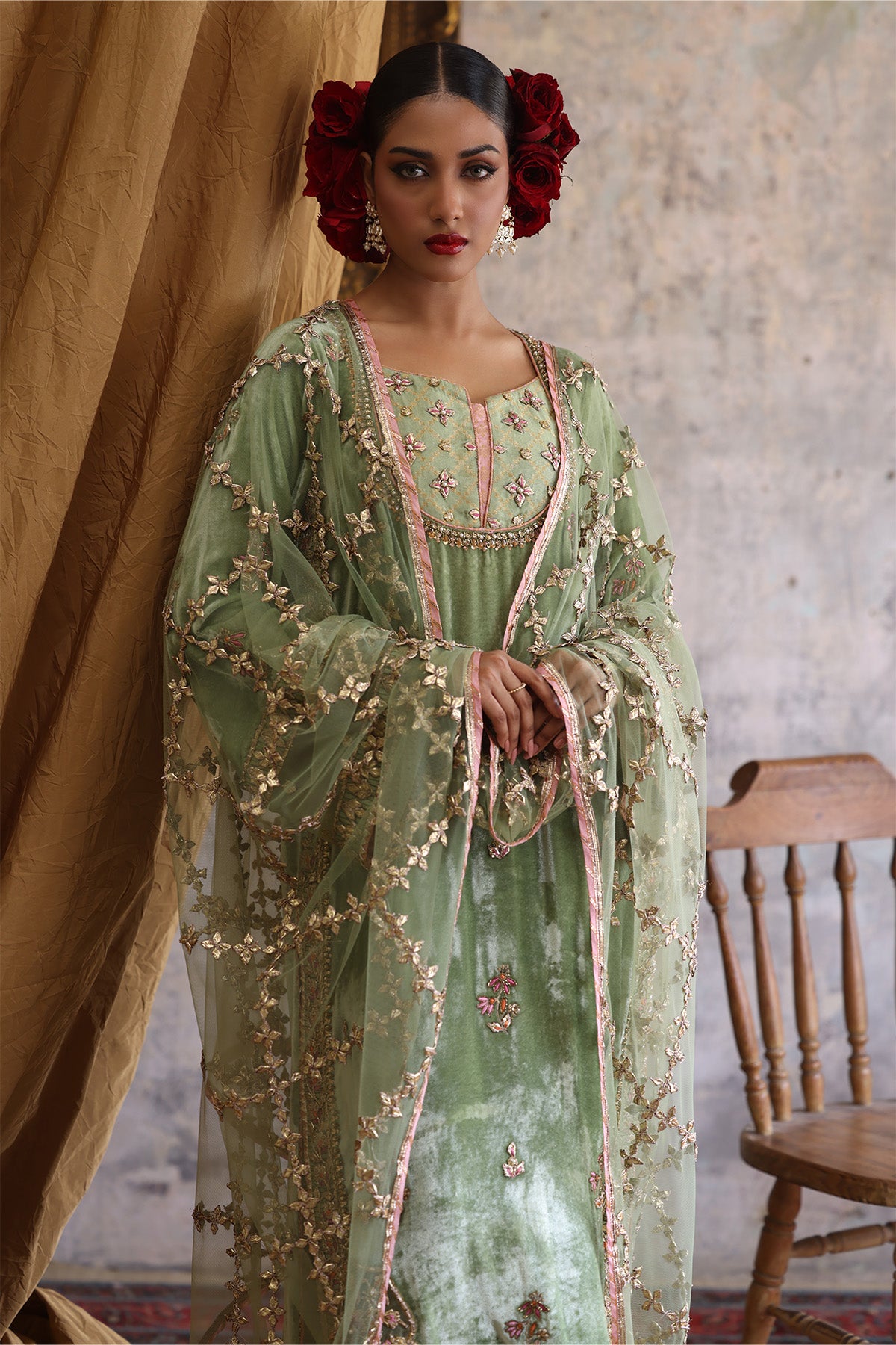 Pakistani Mint Green Gota Jaal Net Dupatta Salwar Kameez (3-Piece) - Image 1