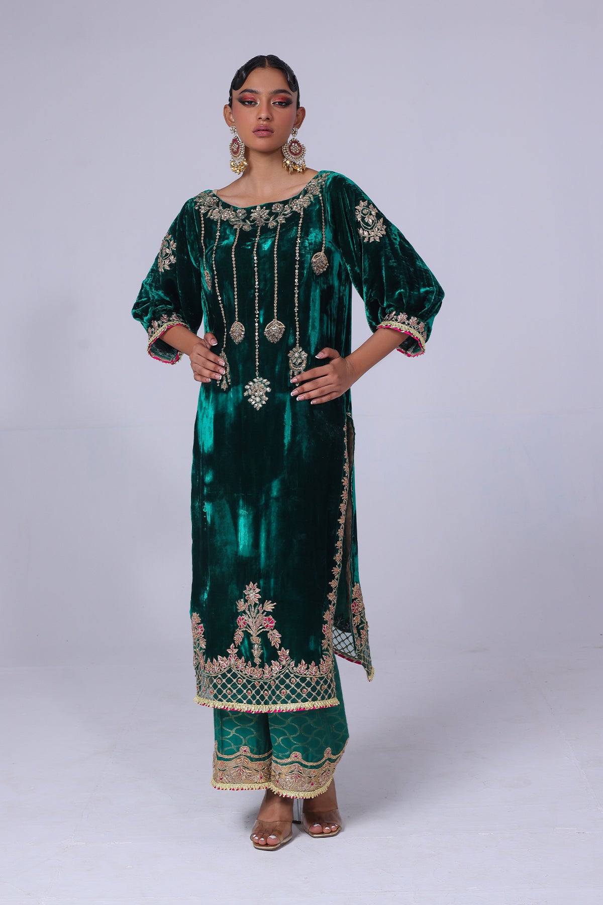 Emerald Green Gota Embroidered Velvet Salwar Kameez (2-Piece) - Image 1
