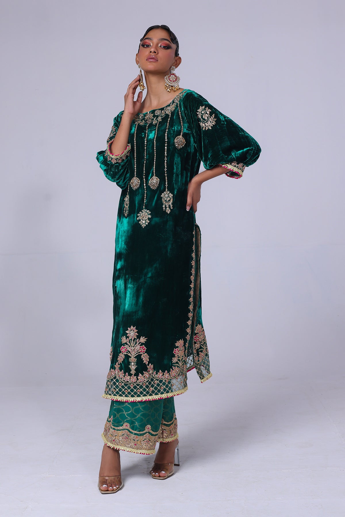 Emerald Green Gota Embroidered Velvet Salwar Kameez (2-Piece) - Image 2