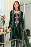 Emerald Green Embroidered Velvet Salwar Kameez (3-Piece) - Image 3