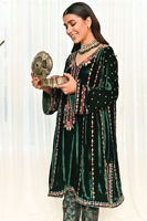 Emerald Green Embroidered Velvet Salwar Kameez (3-Piece) - Image 8